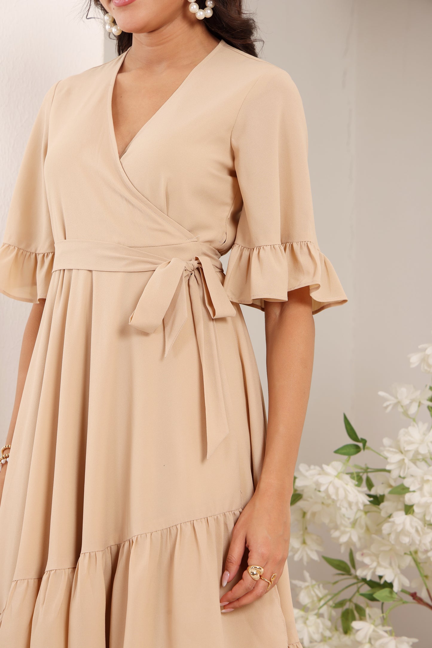 beige bloom wrap dress