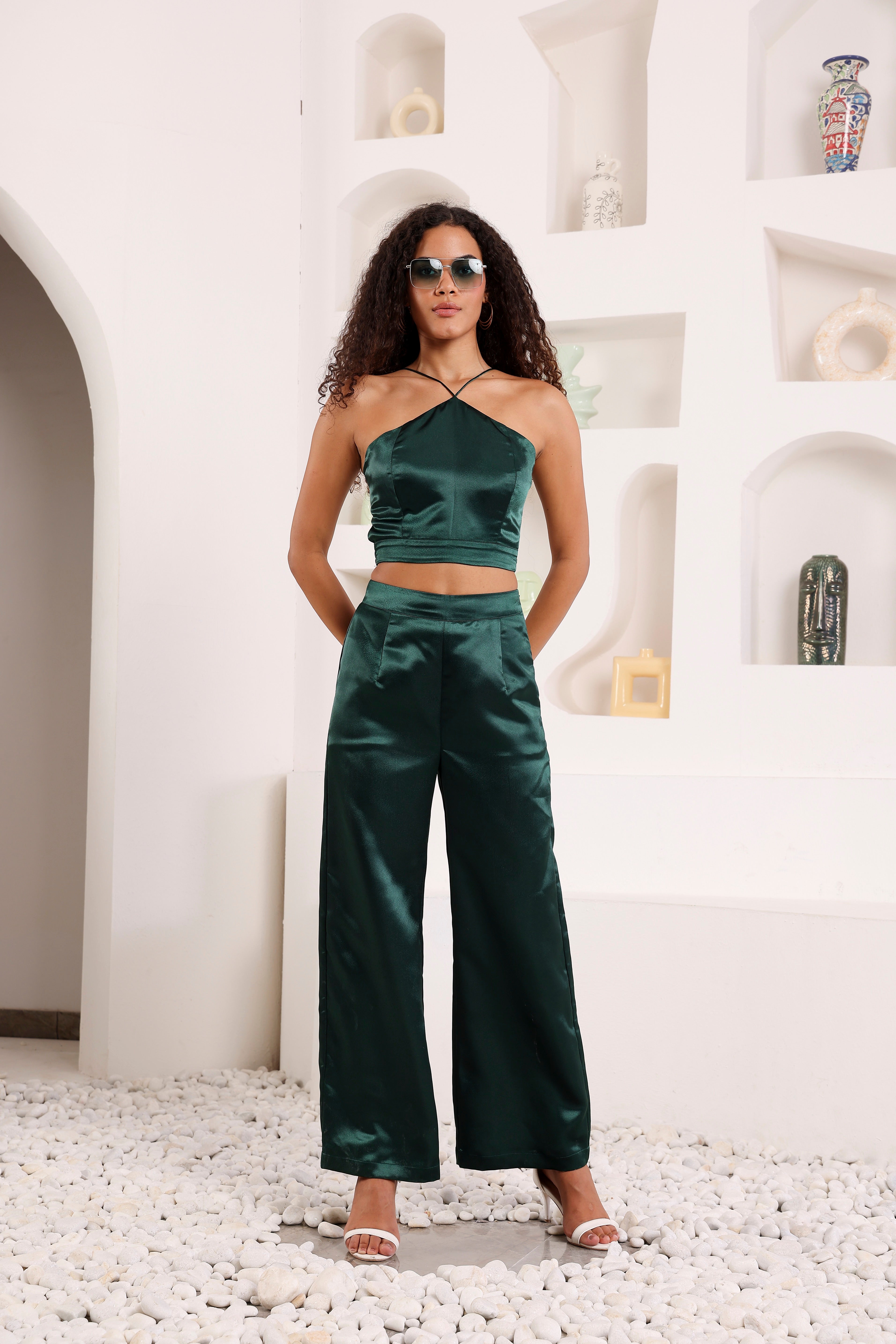 Emerald Satin Wide-leg trouser