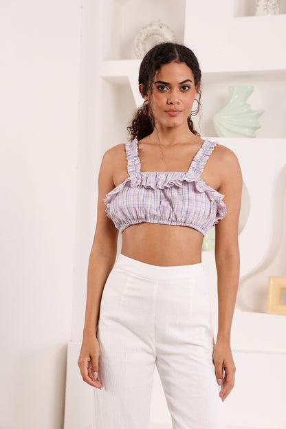 Ruffled Plaid Crop Top With Ruched Straps