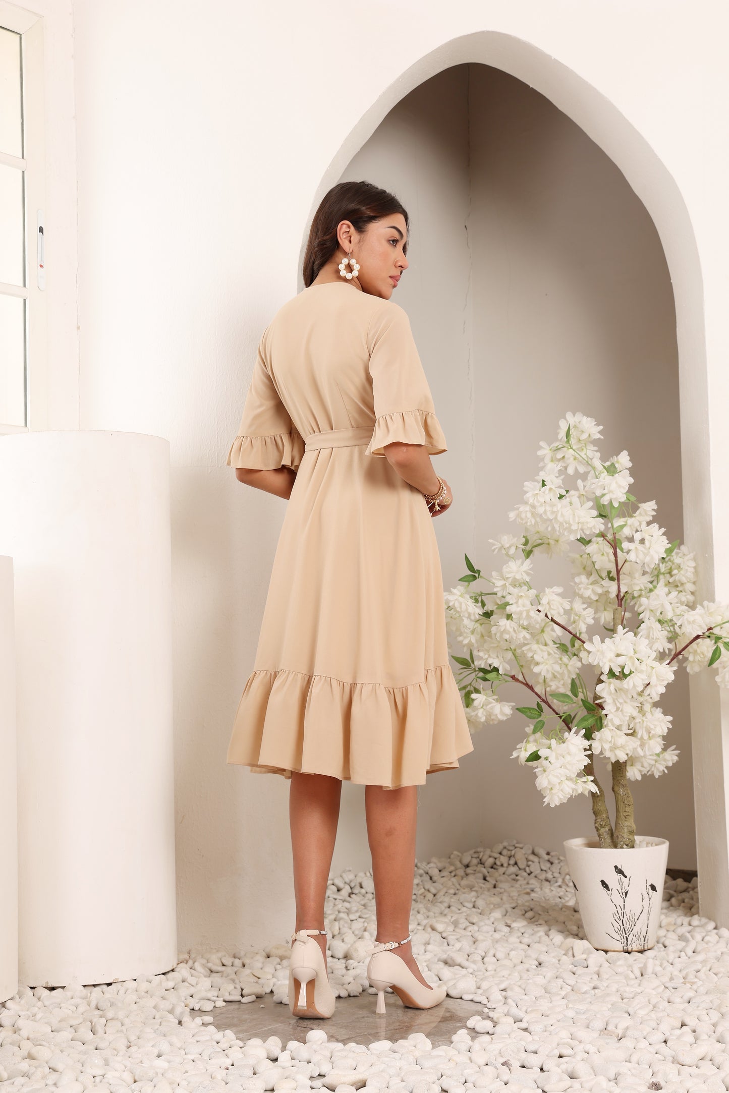 beige bloom wrap dress