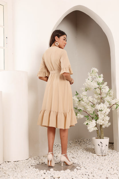 beige bloom wrap dress